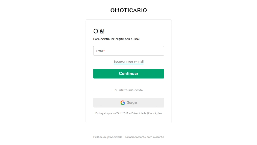 Tela de login do site do Boticário para cadastro ou login de clientes, com campo para e-mail e botões de continuar e login com Google.