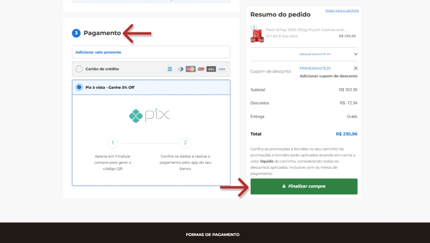 Imagem mostrando finalização de pagamento com cupom integralmedica aplicado, destacando o processo no site de compras online.