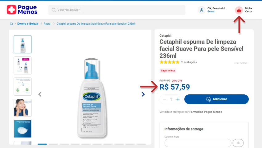 Imagem da espuma de limpeza facial Cetaphil para pele sensível de 236ml, disponível na loja Pague Menos, com preço promocional de R$ 57,59.