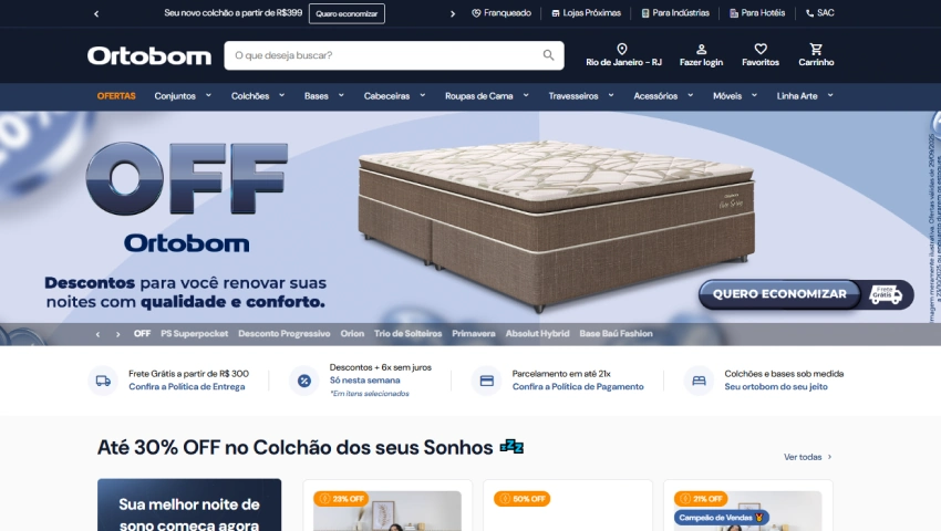 Imagem de um colchão de solteiro de alta qualidade na loja Ortobom, promovendo descontos de até 30% e opções de pagamento facilitado para renovar seu quarto.