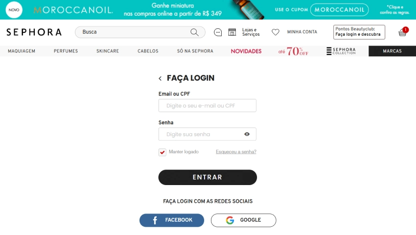 Imagem mostrando a página de login do site Sephora para compras online, com destaque para o campo de email ou CPF, senha e opções de login.