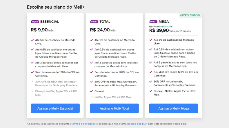 Planos da Meli+ com opções Essencial, Total e Mega em destaque, exibindo preços mensais, benefícios e descontos especiais em uma imagem comparativa.