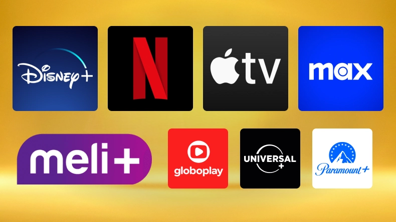 Imagem mostrando os logos de serviços de streaming inclusos como Disney+, Netflix, Apple TV+, Max, Globoplay, Universal+ e Paramount+.