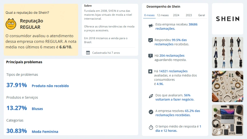 Avaliação do desempenho da loja Shein, com detalhes sobre reputação, reclamações, tipos de problemas, pontos fortes como moda feminina e análise de feedback de consumidores, incluindo números de reclamações e tempo médio de resposta.