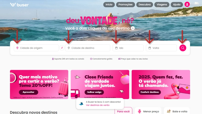 Página do site da Buser mostrando o formulário para selecionar cidade de origem, destino, data e pesquisar viagens, com destaque para promoções de viagens de ônibus