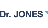 Logo Dr Jones apresentando o nome da marca na cor azul.