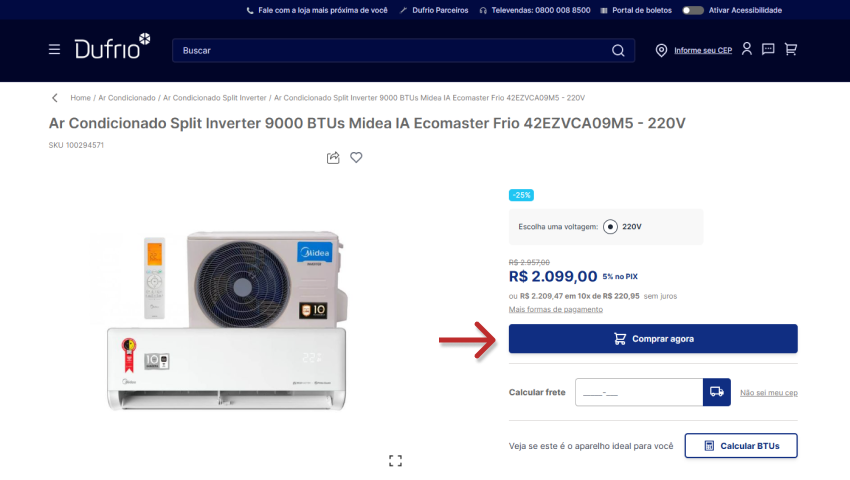 Ar condicionado Slit Inverter na Dufrio, destacando o botão "Comprar agora" para adicionar o produto no carrinho.