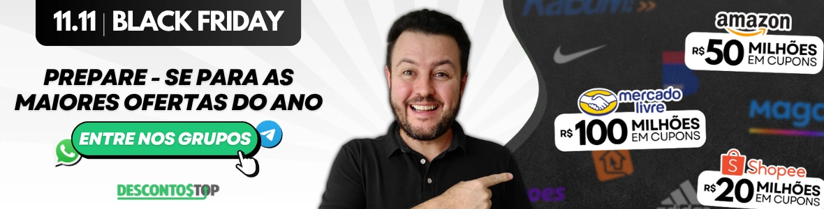 Chamada para descontos do 11/11 e da Black Friday ao lado de logo das lojas Mercado Livre, Amazon e Shopee 