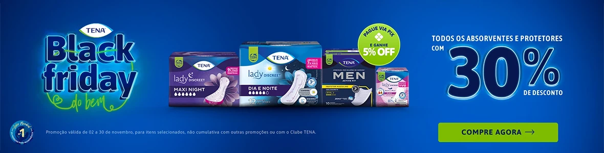 Produtos da marca Tena em um banner de fundo azul, indicando Black Friday e descontos de até 30%. 