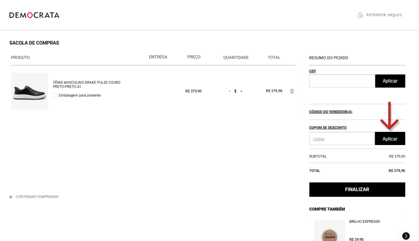 Imagem de uma tela de compras online mostrando o campo para inserir código de cupom de desconto ao lado do botão aplicar, com foco na palavra-chave 'cupom de desconto'.