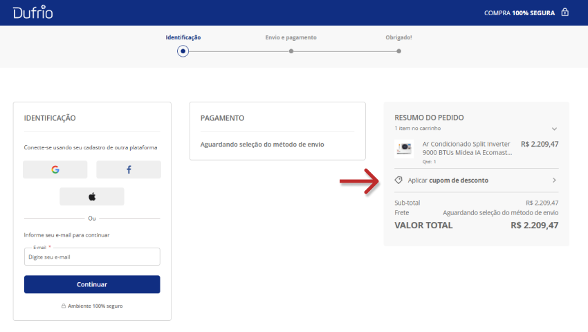 Página de checkout na Dufrio, na página de identificação. Ao lado direito está destacado o campo para aplicar cupom de desconto.