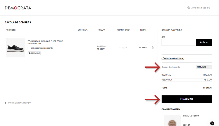 Imagem de uma tela de checkout de compra online com um cupom de desconto Democrata aplicado, mostrando o produto e o resumo do pedido.