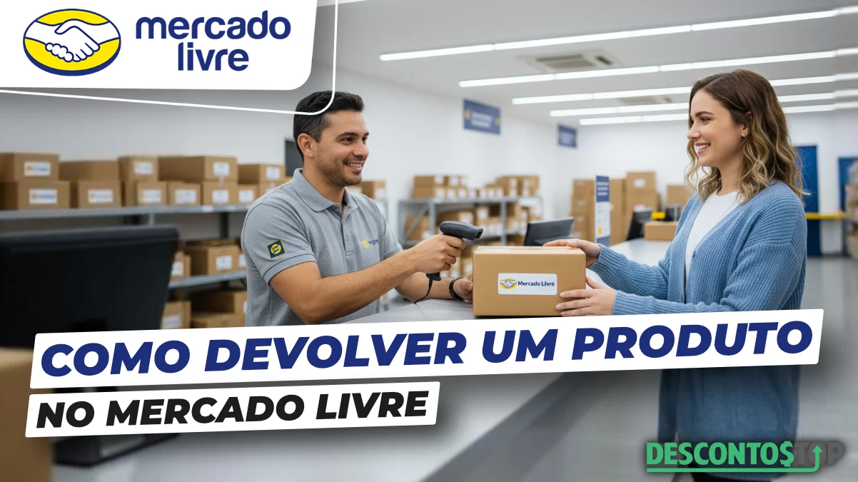 Imagem mostrando como devolver um produto no Mercado Livre, com cliente devolvendo um pacote na loja e atendente ao fundo, ilustrando o processo de devolução.