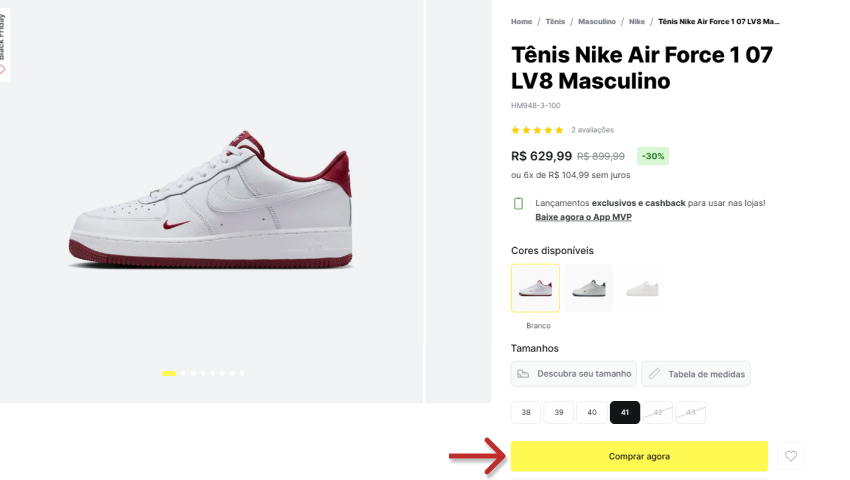 Página de produto do site Authentic Feet exibindo o tênis Nike Air Force 1 07 LV8 masculino na cor branca com detalhes vermelhos. À direita, aparecem informações de preço, opções de tamanho e o botão amarelo “Comprar agora” destacado na parte inferior.