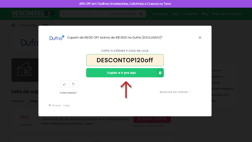 Cupom de desconto Dufrio de R$ 120 OFF em produtos acima de R$ 1.500.