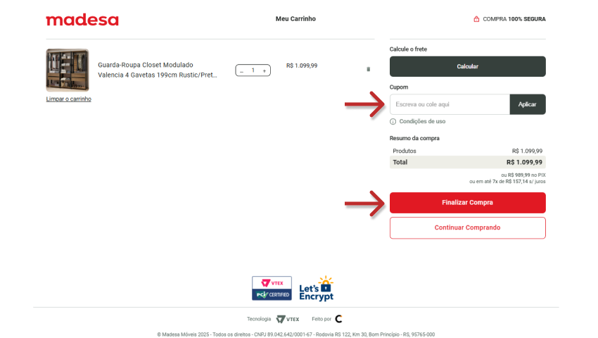 Página inicial do site da Madesa, mostrando a navegação por categorias e a promoção de Frete Grátis.