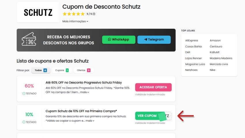 Captura de tela de um site de cupons de desconto, destacando com uma seta vermelha o botão "VER CUPOM" ao lado de uma oferta de 10% de desconto para a primeira compra na Schutz.