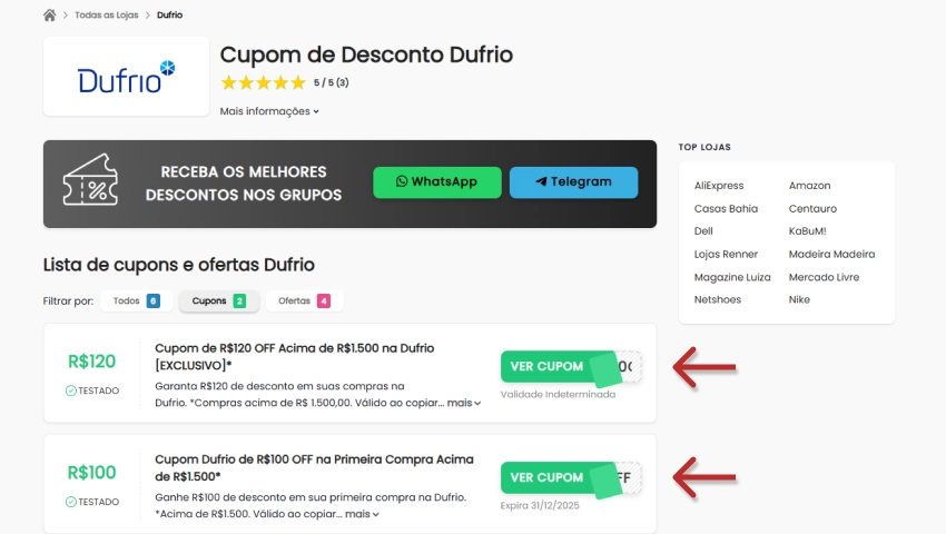 Página de cupons e ofertas da Dufrio no Descontos Top;