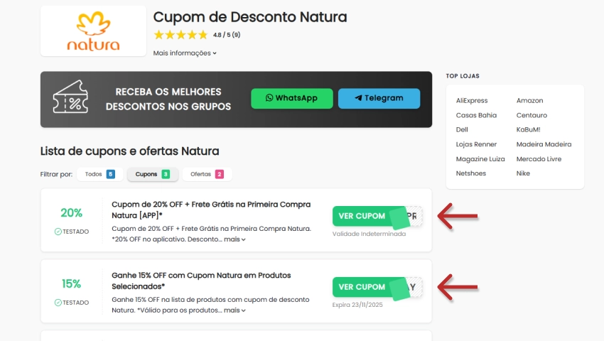 Print da tela de um site de cupons mostrando a lista de cupons de desconto Natura ativos. Setas vermelhas destacam o botão verde 'VER CUPOM' para um cupom de 20% OFF e outro de 15% OFF.
