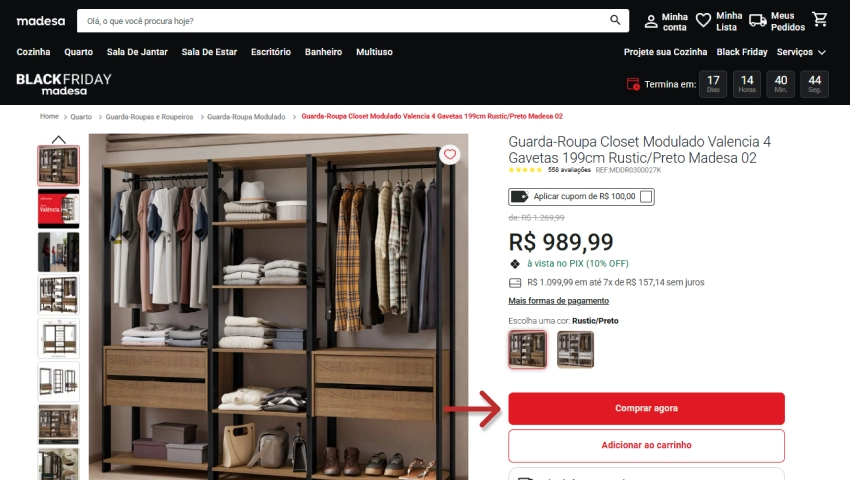 Página de produto da Madesa, destacando o Guarda-Roupa Modulado e os botões "Comprar agora" e "Adicionar ao carrinho".