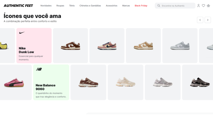 Página inicial da Authentic Feet destacando modelos populares de tênis, como Nike Dunk Low e New Balance 9060, organizados em uma grade de produtos sob o título “Ícones que você ama”.
