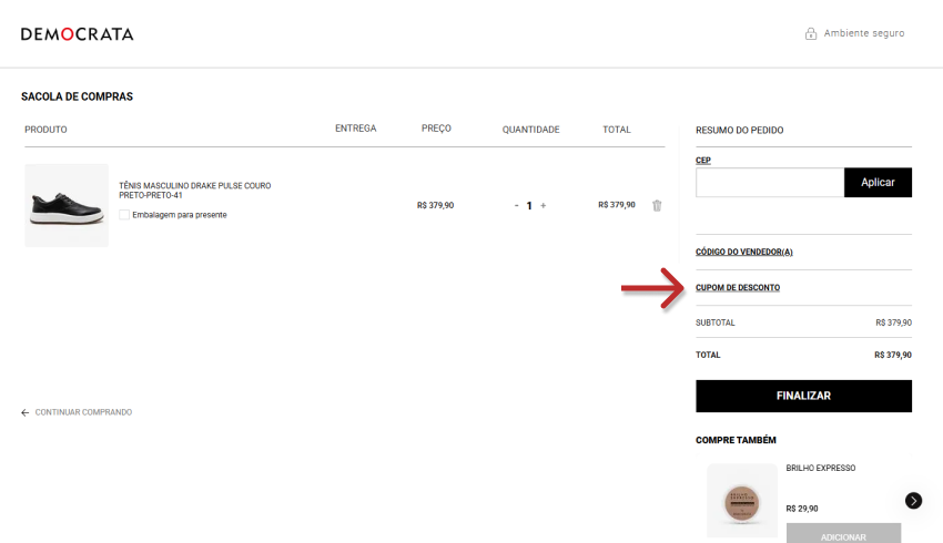 Captura de tela de uma sacola de compras online, onde o campo 'Cupom de desconto' é destacado, pronto para ativar para obter economia na sua compra.