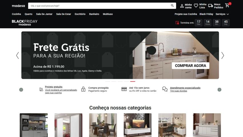 Tela do carrinho de compras da Madesa, com setas vermelhas apontando para o campo "Cupom" para inserir o código e para o botão "Finalizar Compra".