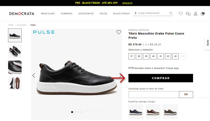 Imagem de um tênis masculino Drake Pulse couro preto disponível na Democra ta para compra online, ideal para quem busca conforto e estilo com foco em tênis masculino.