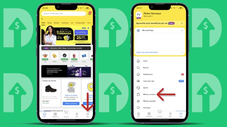 Imagem mostrando como acessar a seção de 'Minhas Compras' no app do Mercado Livre.
