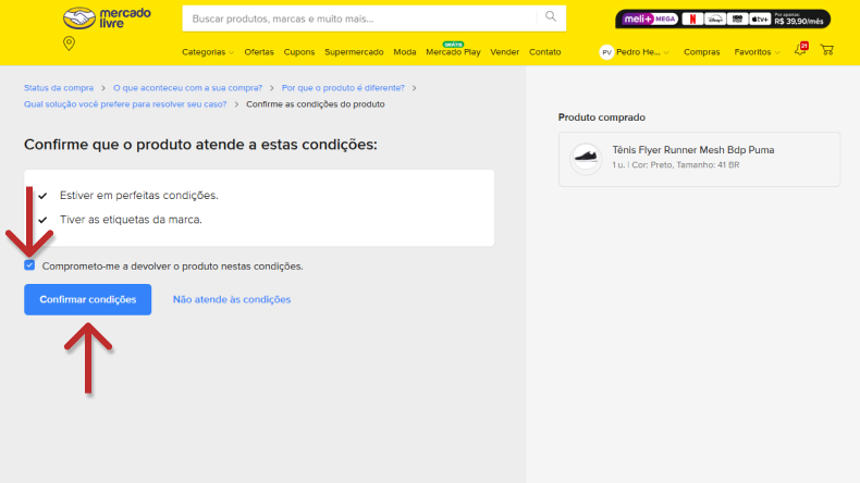 Imagem ilustrativa da confirmação de condição de produto na compra de um tênis, destacando as etapas do procedimento para garantir que o produto esteja em perfeitas condições com etiquetas intactas.