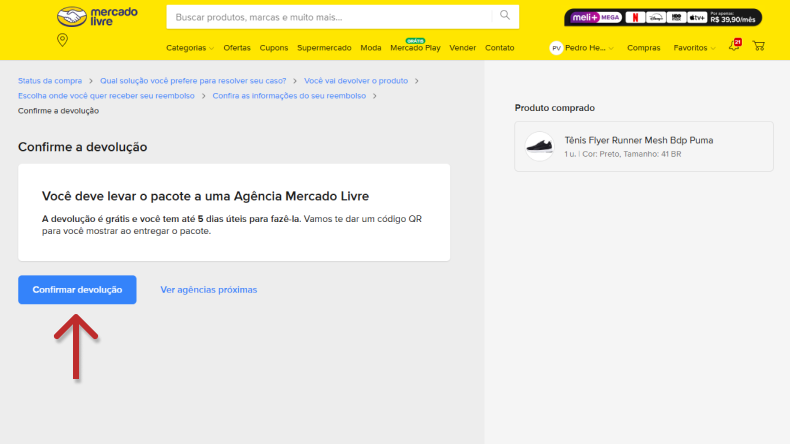 Tela de confirmação de devolução no Mercado Livre, explicando o procedimento de devolução gratuita com código QR e pontos de entrega próximos.
