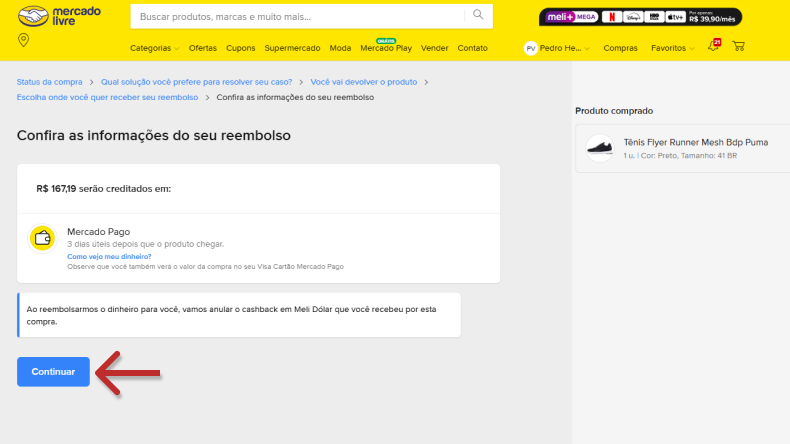 Tela de confirmação de reembolso na Mercado Livre com detalhes do produto e instruções para continuar o processo de devolução.
