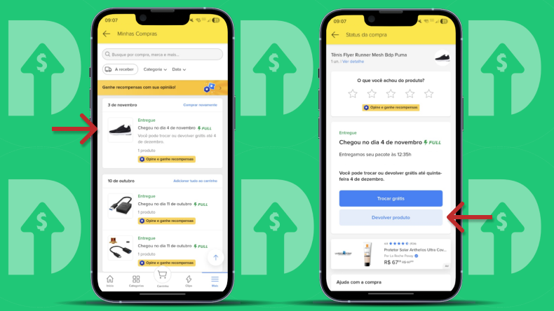 Tela de celular mostrando etapas para devolver produto no aplicativo, incluindo detalhes de entrega e opções de devolução para compras feitas online.