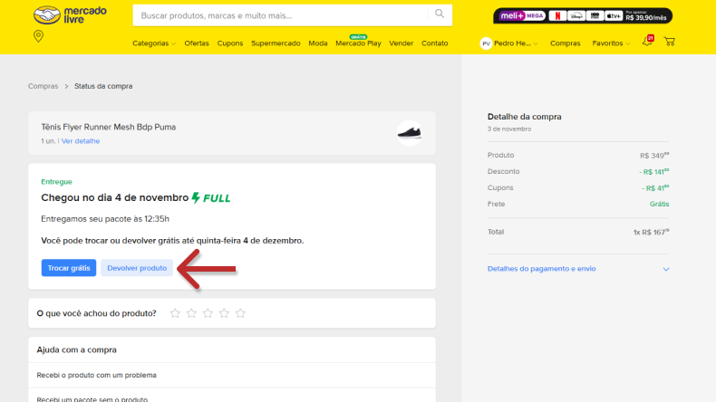 Imagem da tela de status de compra no Mercado Livre, mostrando a opção de devolver produto.