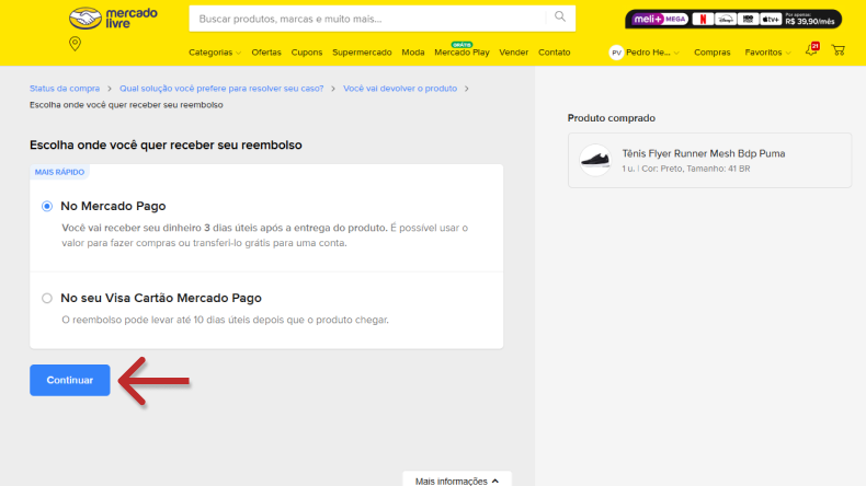 Tela de seleção de método de reembolso no Mercado Livre, exibindo opções de pagamento como Mercado Pago e cartão de crédito, com destaque para o botão 'Continuar'.