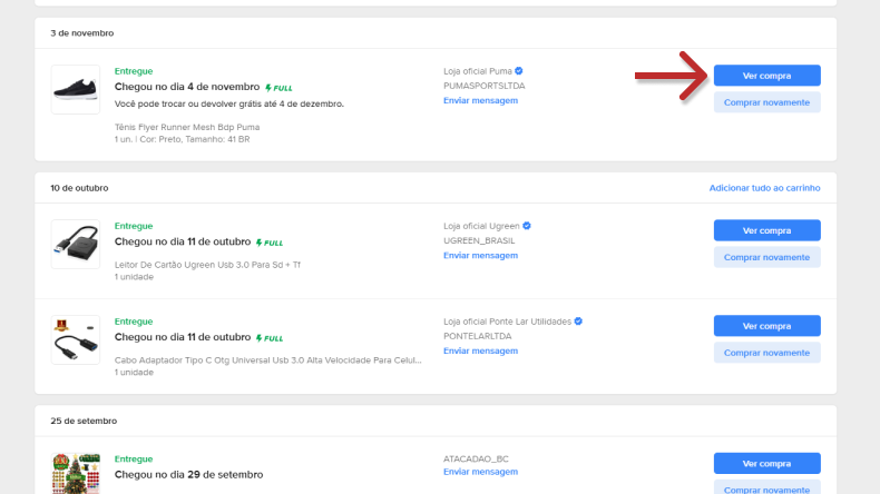Captura de tela do histórico de compras online mostrando a opção 'Ver compra' ao lado de produtos entregues, facilitando a devolução de itens ao localizar sua compra pelo site.