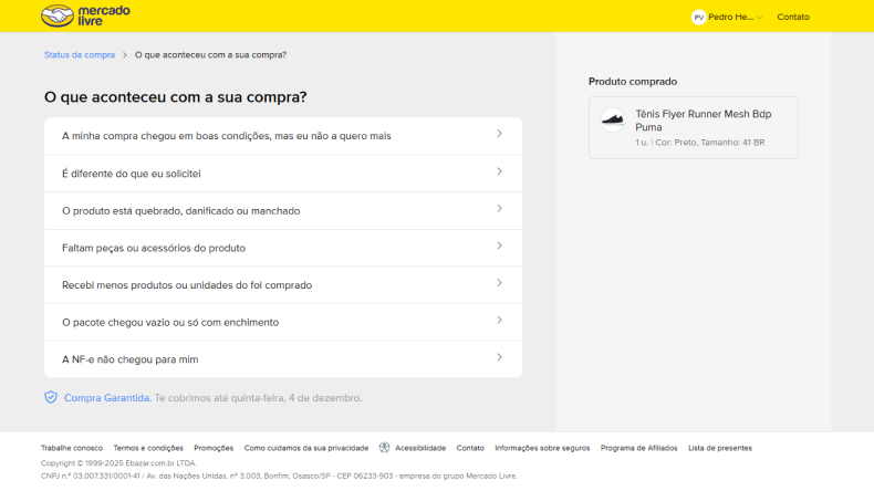 Tela de opções para devolução de produto no Mercado Livre, incluindo motivos como produto quebrado ou não recebido.