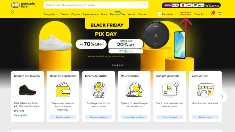 Página inicial do Mercado Livre, destacando o menu Compras.