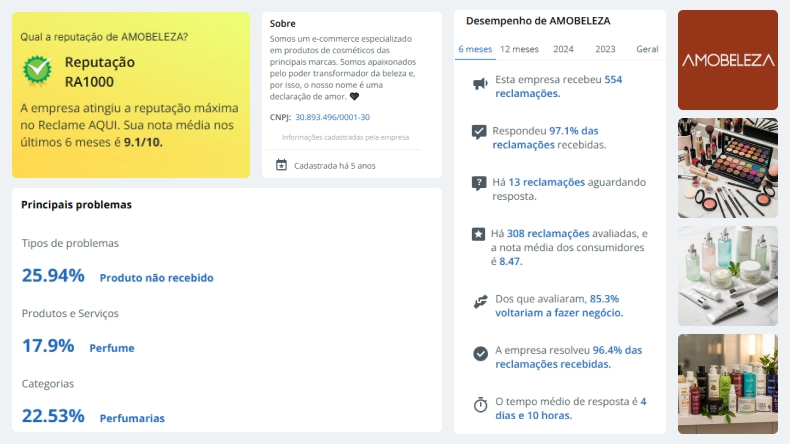 Perfil da Amobeleza no Reclame Aqui mostrando reputação RA1000 (nota máxima). Nos últimos 6 meses: nota média 9.1/10, 554 reclamações recebidas, 97,1% respondidas, 89,3% dos clientes voltariam a fazer negócio. Principais problemas: produto não recebido (25,94%) e perfumaria (22,53%).