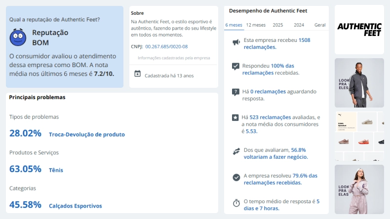 Dados da Authentic Feet no Reclame Aqui, incluindo reputação, principais problemas, sobre, desempenho, logo e produtos