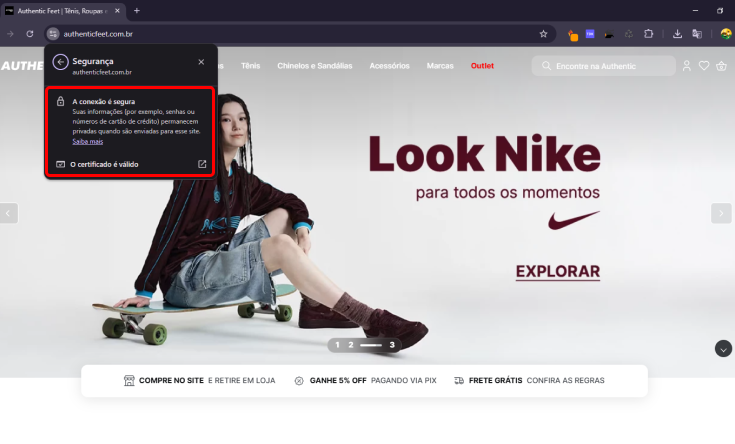 Site da Authentic Feet destacando o certifica de segurança SSL e conexão segura