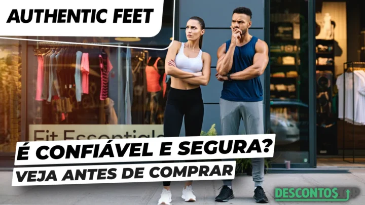 Um casal de atletas em frente a uma loja de roupas fitness com dúvida se a Authentic Feet é confiável