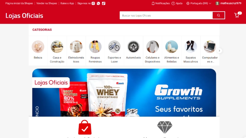 Captura de tela da página de Lojas Oficiais da Shopee, com categorias de produtos, barra de pesquisa e banner promocional da Growth Supplements.