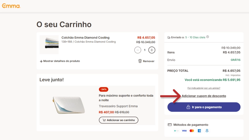 Carrinho da Emma com o resumo do pedido e frase destacada "Adicionar cupom de desconto".