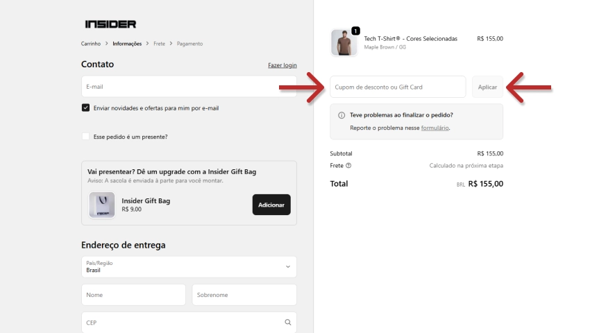 Instruções passo a passo para inserir o código do cupom de desconto Insider no campo correspondente do carrinho de compras, aplicar o desconto e concluir a compra.