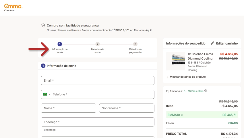 Checkout da Emma com Informação de envio, método de envio e métodos de pagamento para serem preenchidos.