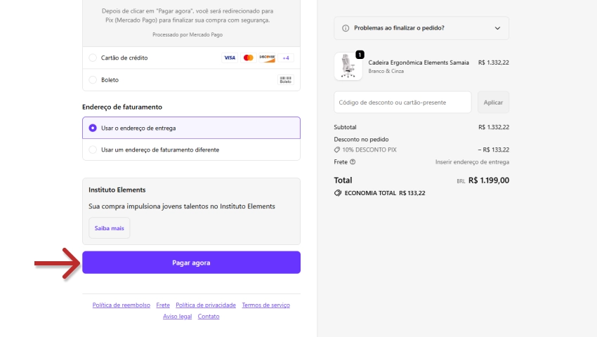 Tela de pagamento da Elements mostrando a opção de inserir endereço de entrega e detalhes do pedido de uma cadeira ergonômica, com destaque para o botão 'Pagar agora'