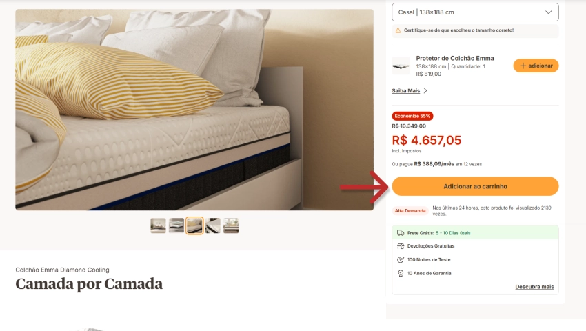 Página do Colchão Emma Diamond Cooling com botão em destaque "Adicionar ao carrinho".