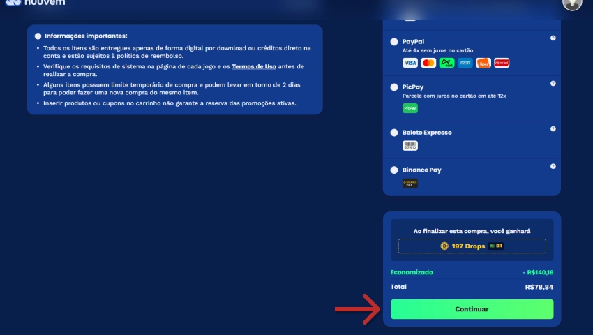 Tela de pagamento online mostrando opções de métodos, valor final de R$78,84 com desconto de R$140,16, e botão verde para continuar após revisar os dados.