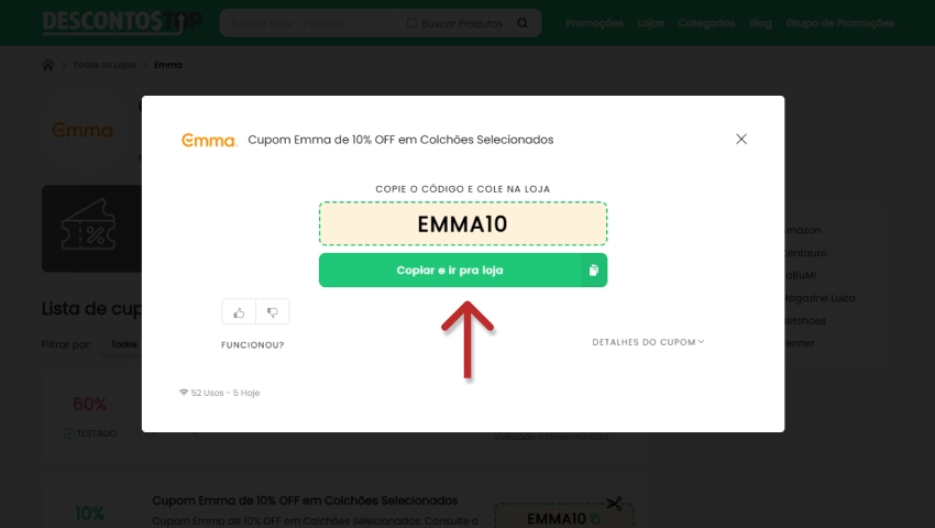 Cupom Emma de 10% OFF em colchões selecionados aberto com seta apontando para "Copiar e ir pra loja".